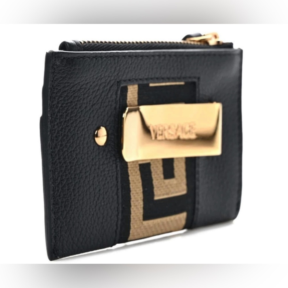 Versace Grained Calfskin Ribbon Greca Zip Card Holder Black Gold - Picture 2 of 8